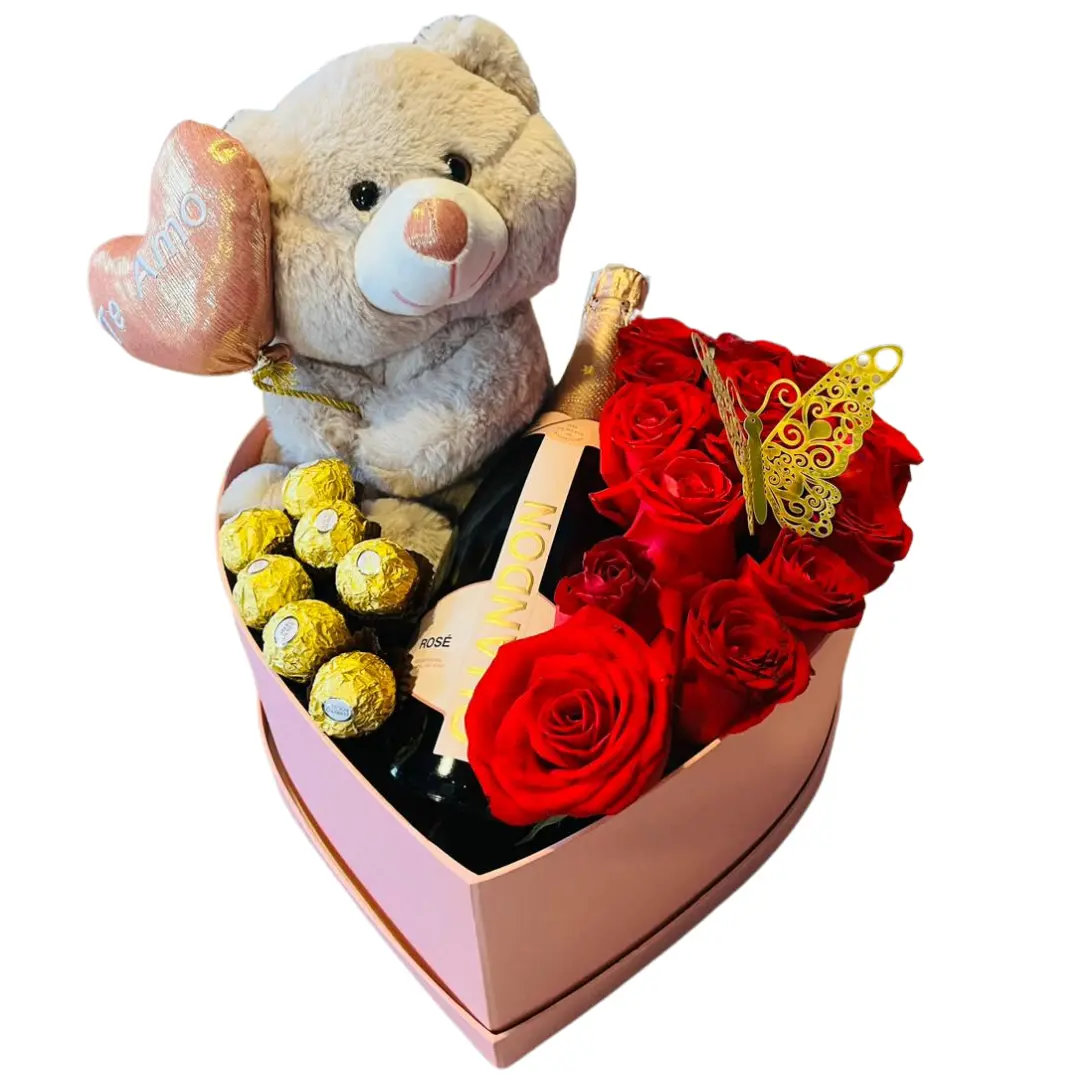 Caja corazon xl rosas importadas peluche bombones y espumante